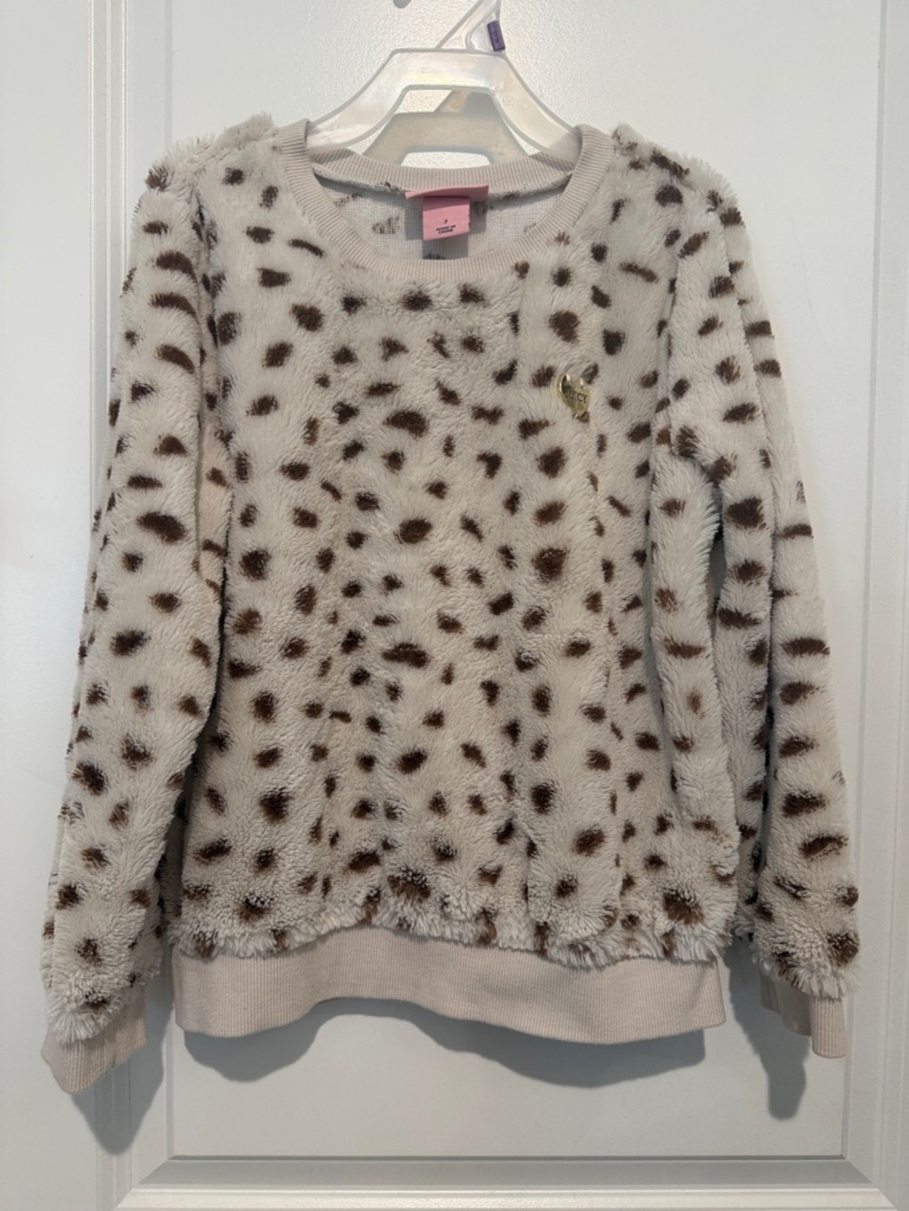 Juicy Couture Cream Sweater with Brown Spot Print and Gold Heart Pin